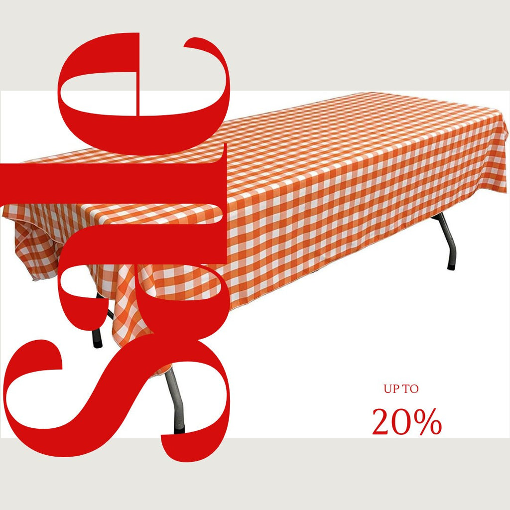 Polyester Poplin Gingham Checkered Rectangular Tablecloth (White & Orange, Choose Size Below