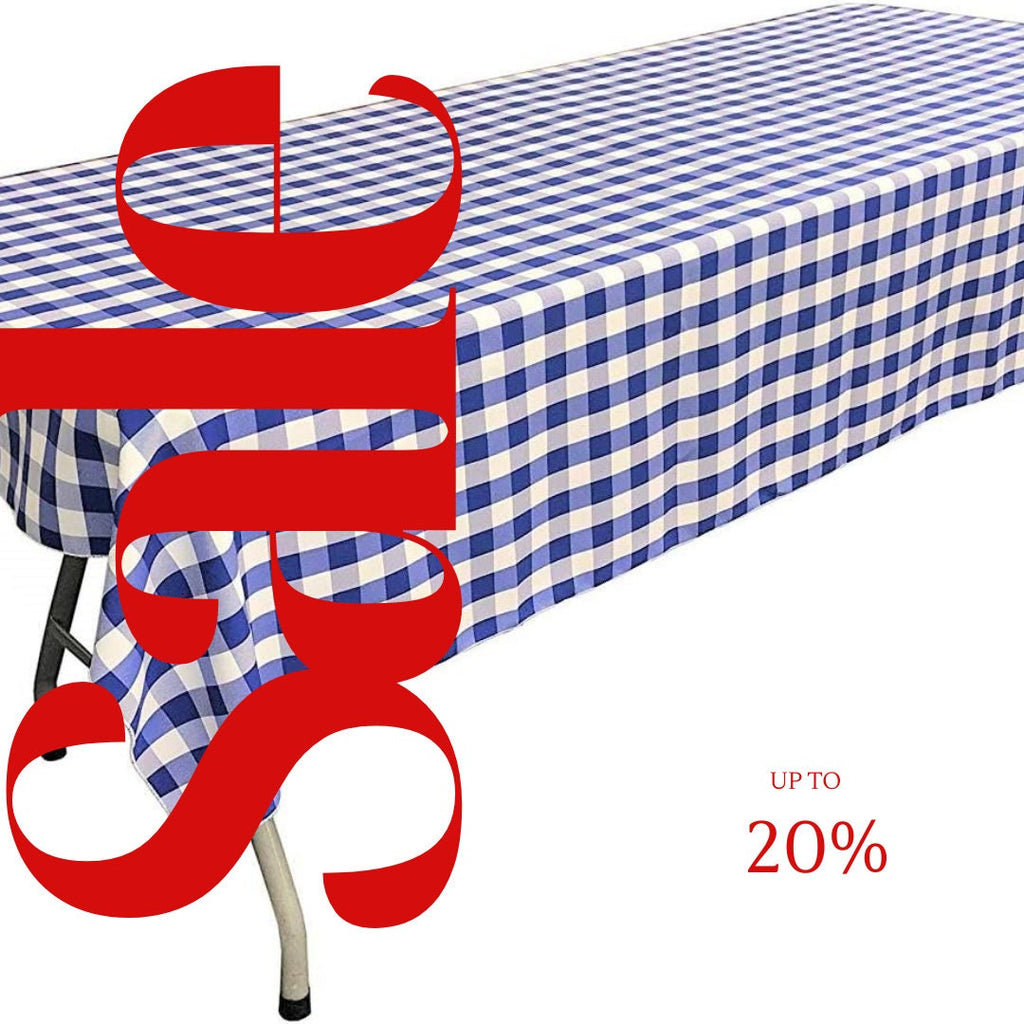 Polyester Poplin Gingham Checkered Rectangular Tablecloth (White & Royal, Choose Size Below
