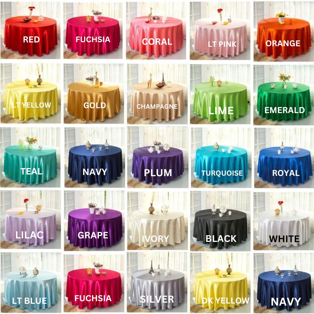 Satin- Table Cloth Covers for Round Tables- Round Satin Table Cloth for Wedding Banquet Decoration- Table Cloths. Choose Size & Color Below