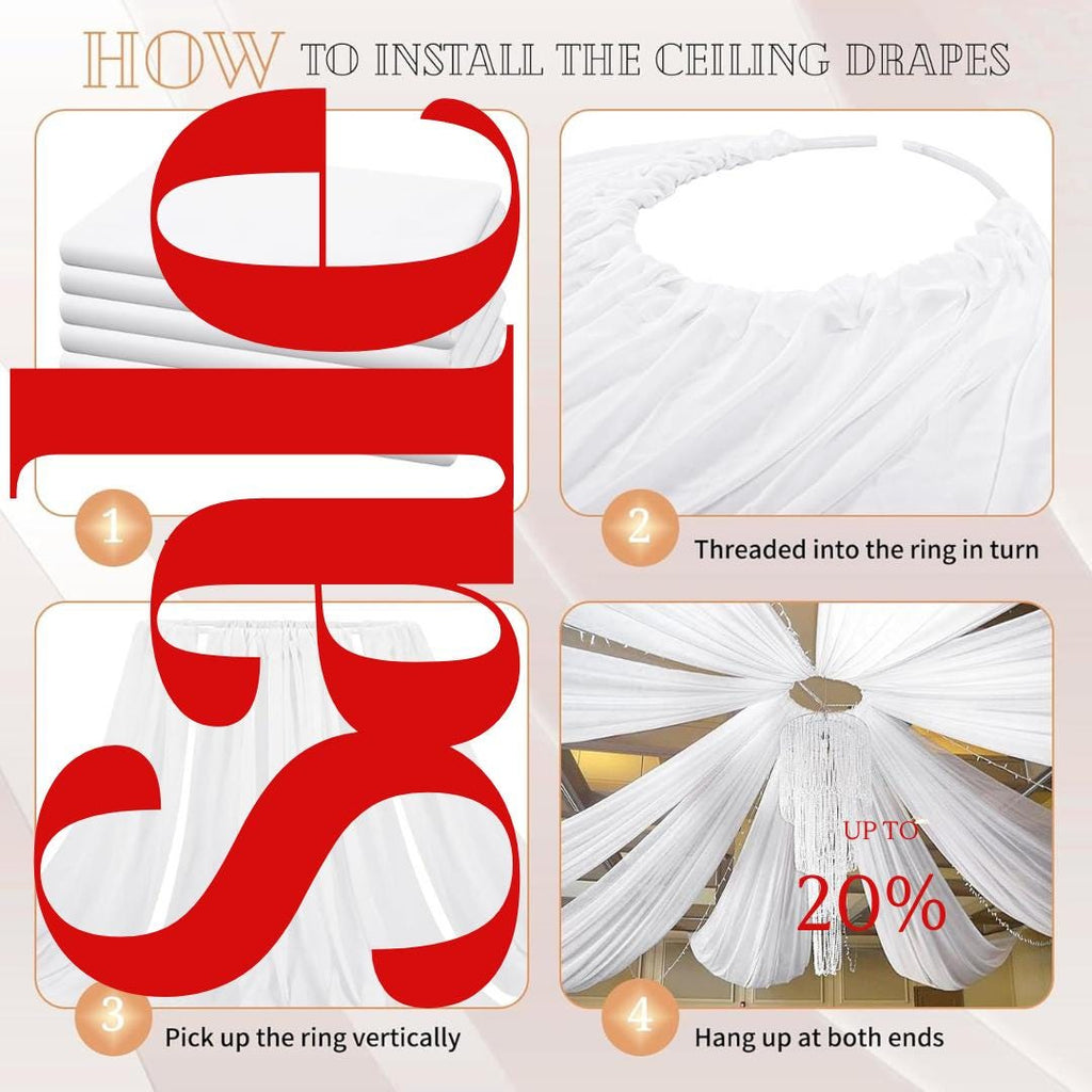 WHITE - 6 Panels Ceiling Drapes for Wedding 5ftx33ft Sheer Drapery Chiffon Fabric Arch Draping for Party Ceremony Birthday Baby Shower