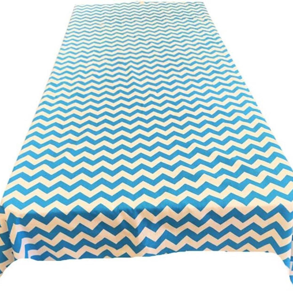 Chevron/Zig Zag  - Print Poly Cotton Tablecloth Table Cover Fabric Table Cloth for Dinning, Kitchen, Party. White & Turquoise