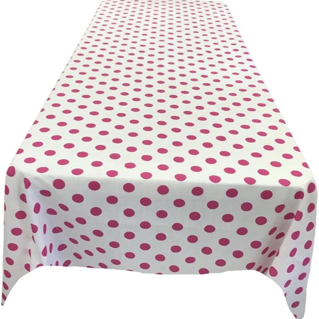 Polka Dot  - Print Poly Cotton Tablecloth Table Cover Fabric Table Cloth for Dinning, Kitchen, Party. Fuchsia Dot on White