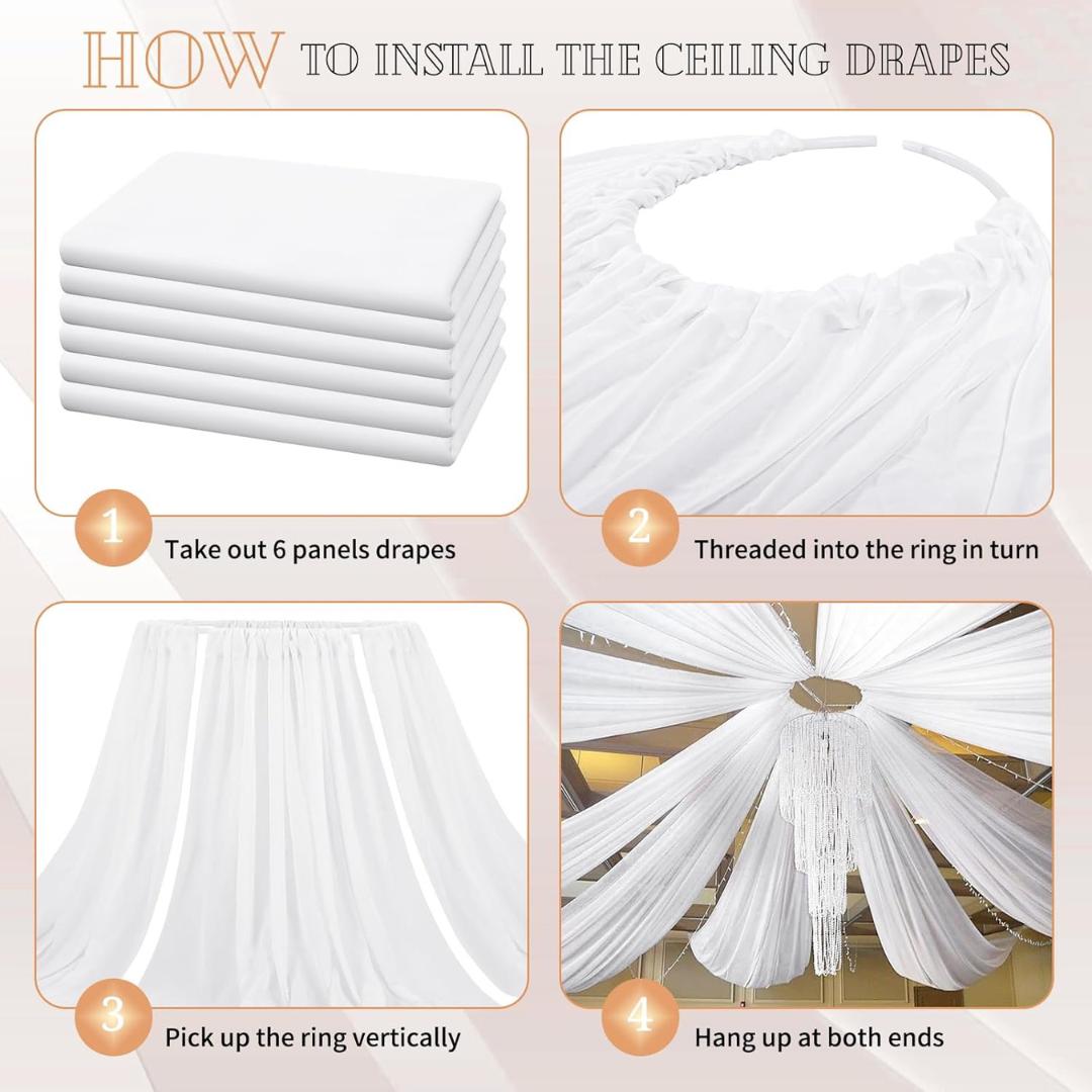 WHITE - 6 Panels Ceiling Drapes for Wedding 5ftx33ft Sheer Drapery Chiffon Fabric Arch Draping for Party Ceremony Birthday Baby Shower
