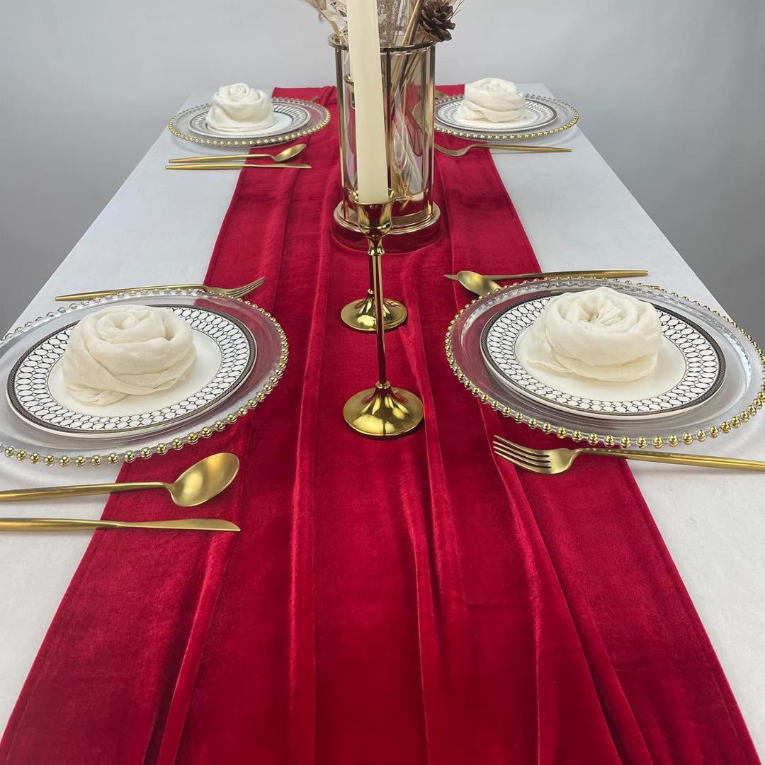 3 Pack - RED - Luxurious Wedding Reception Decorations Soft Velvet Fabric for Party Wedding Anniversary Valentines Day Runners.