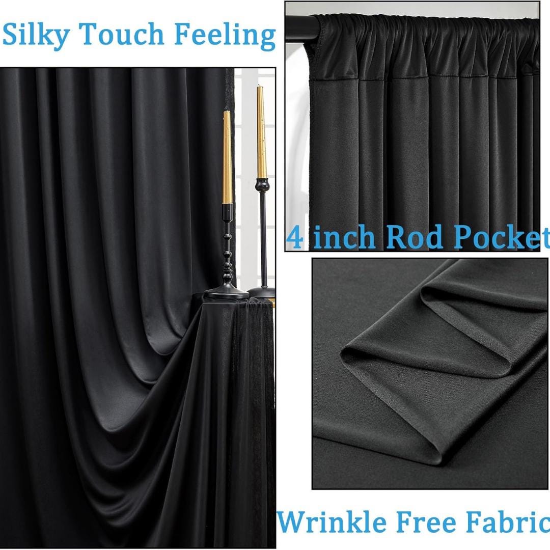 BLACK - Wrinkle Free Backdrop Curtains for Parties  - 10 Panels 5x10ft Silky Interlock Backdrop for Weddings Birthday Party Curtains