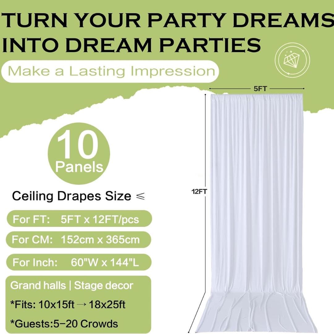WHITE - Wrinkle Free Backdrop Curtains for Parties  - 10 Panels 5x12ft Silky Interlock Backdrop for Weddings Birthday Party Curtains