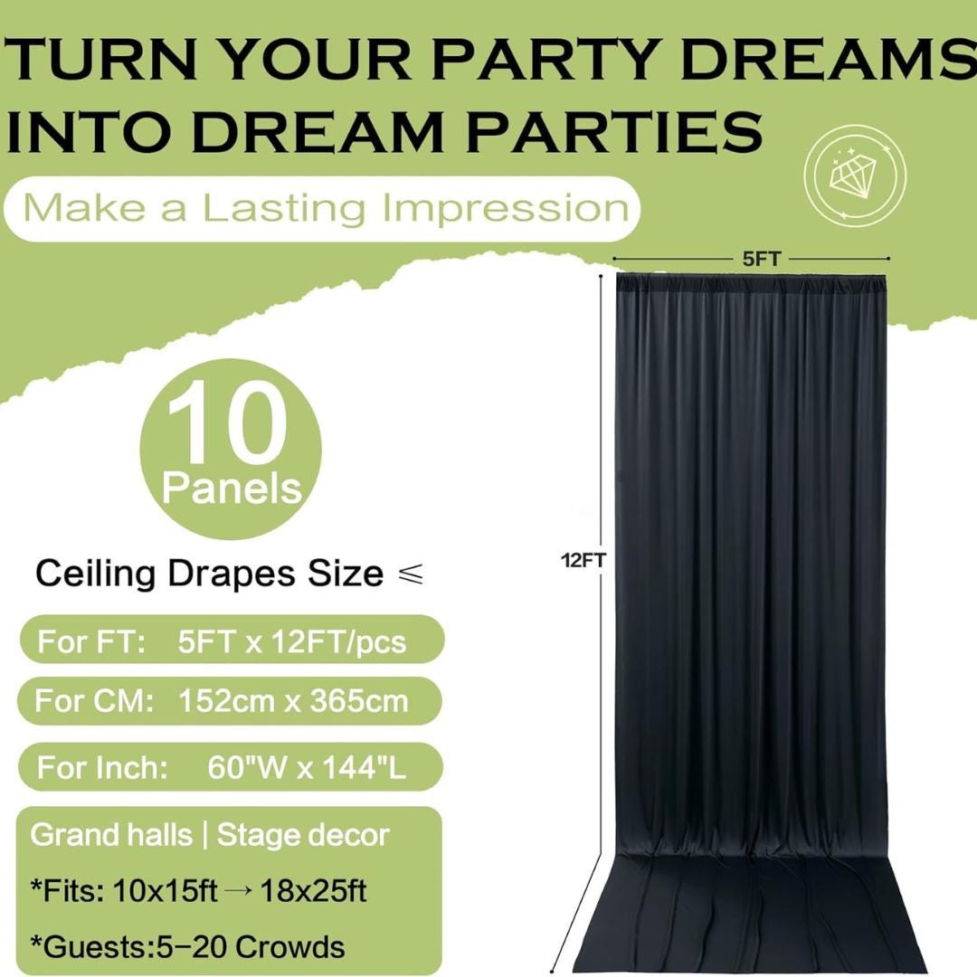 BLACK - Wrinkle Free Backdrop Curtains for Parties  - 10 Panels 5x12ft Silky Interlock Backdrop for Weddings Birthday Party Curtains