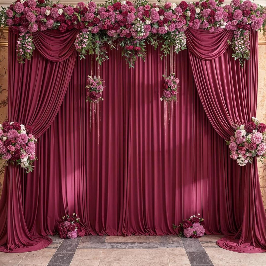 BURGUNDY - Wrinkle Free Backdrop Curtains for Parties  - 4 Panels 5x15ft Silky Interlock Backdrop for Weddings Birthday Party Curtains