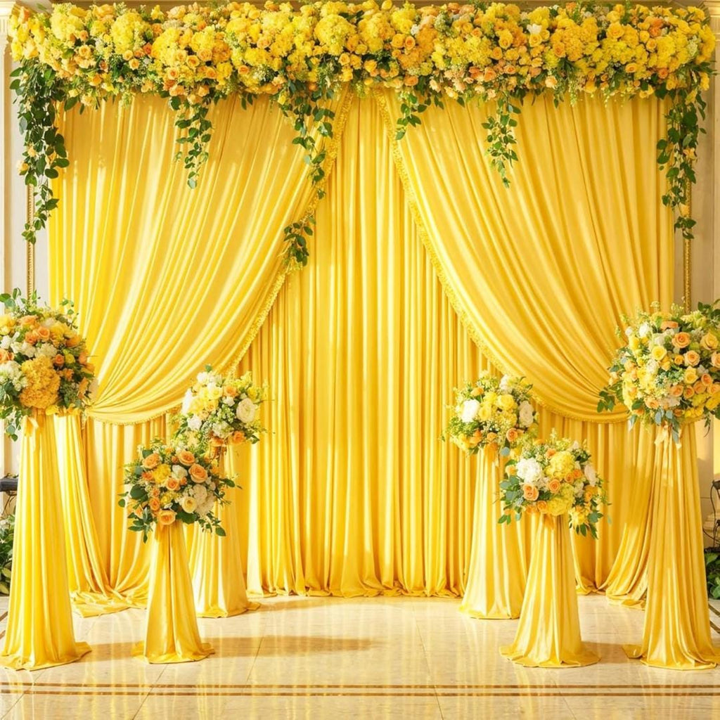 YELLOW - 5Ft x 15Ft Wrinkle Free Backdrop Curtains for Parties  - 4 Panels Silky Interlock Backdrop for Weddings Birthday Party Curtains