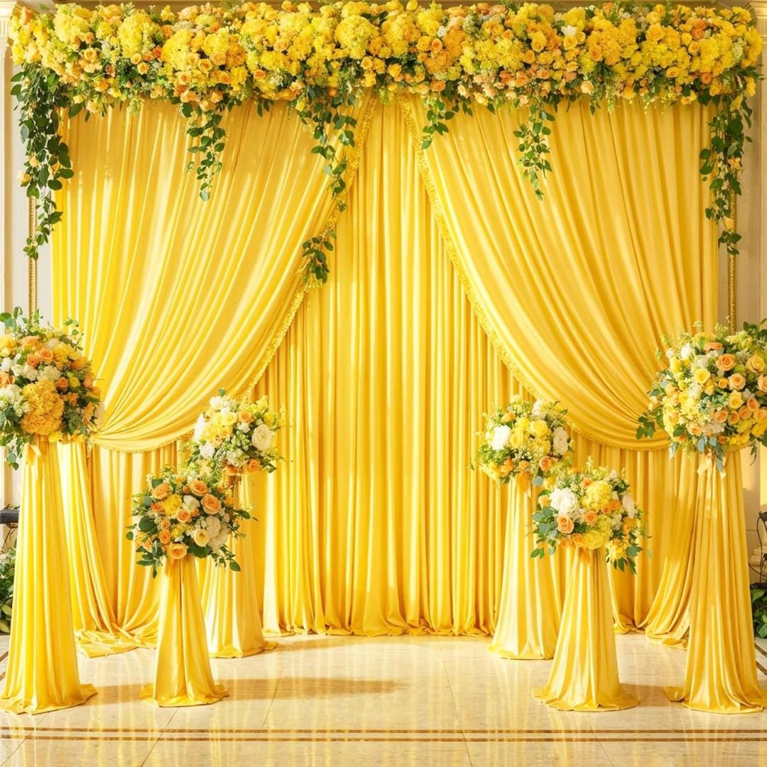 YELLOW - 5Ft x 15Ft Wrinkle Free Backdrop Curtains for Parties  - 4 Panels Silky Interlock Backdrop for Weddings Birthday Party Curtains