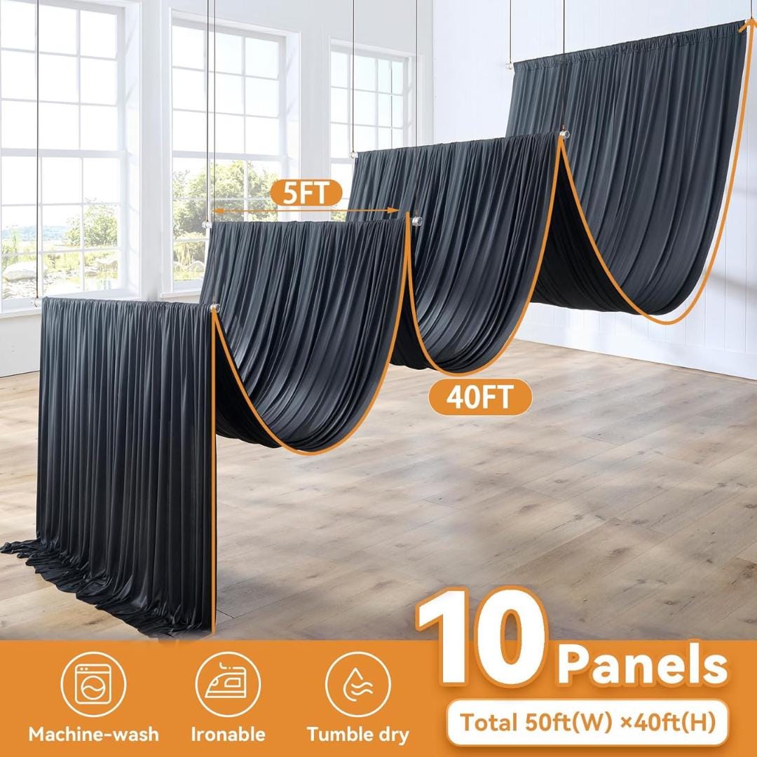 BLACK - 5' x 40 Ft Ceiling Drapes for Wedding Parties, Wrinkle Free Interlock Canopy Tent Draping Ceiling Curtains Arch Drapery for Events