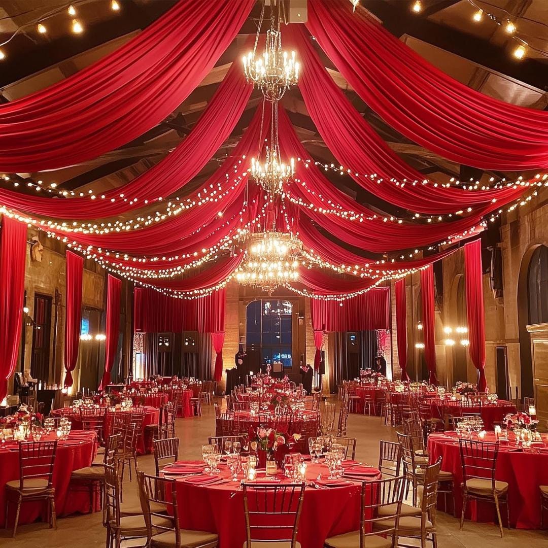 RED - 5' x 40 Ft Ceiling Drapes for Wedding Parties, Wrinkle Free Interlock Canopy Tent Draping Ceiling Curtains Arch Drapery for Events