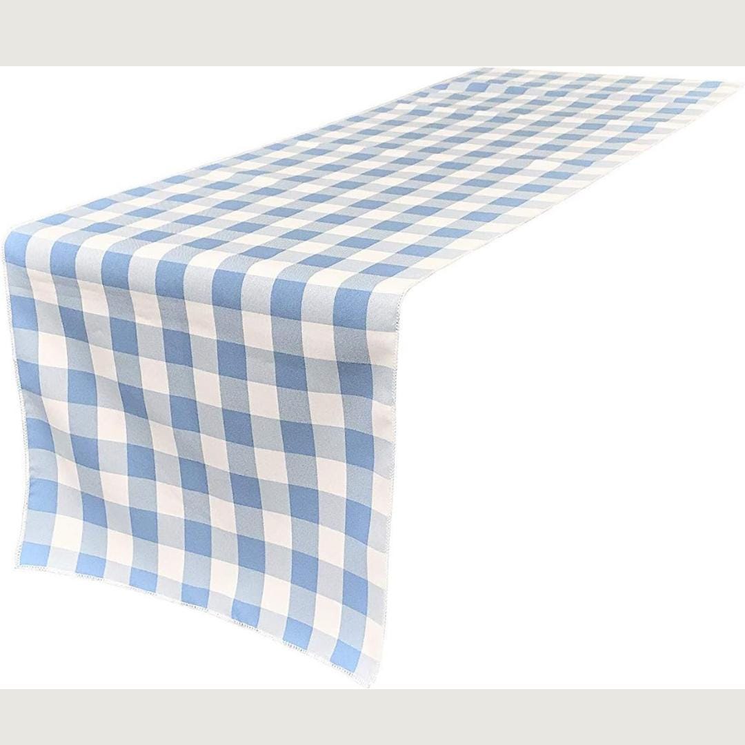 14" Wide Polyester Poplin Gingham, Checkered, Plaid Table Runner (White & Light Blue, 14" Wide x 90" Long) for Party Sweetest Day Wedding