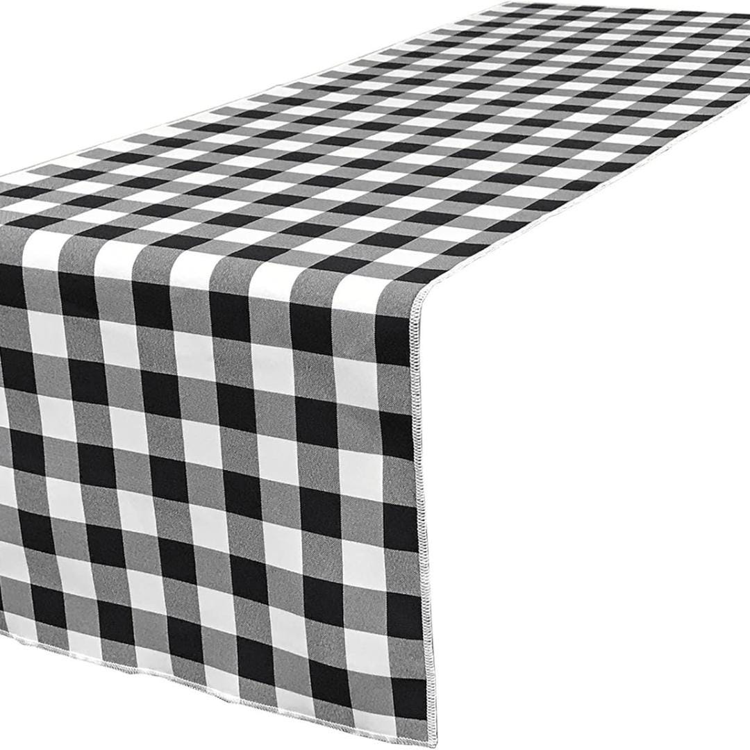 14" Wide Polyester Poplin Gingham, Checkered, Plaid Table Runner (White & Black , 14" Wide x 90" Long) for Party Sweetest Day Wedding