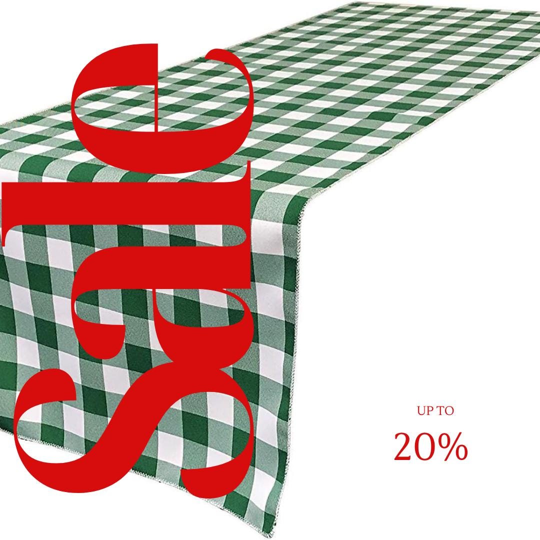 14" Wide Polyester Poplin Gingham, Checkered, Plaid Table Runner (White & Hunter , 14" Wide x 90" Long) for Party Sweetest Day Wedding