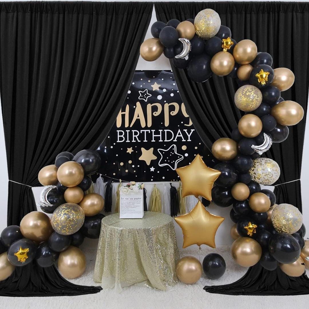 BLACK - Wrinkle Free Backdrop Curtains for Parties  - 10 Panels 5x10ft Silky Interlock Backdrop for Weddings Birthday Party Curtains