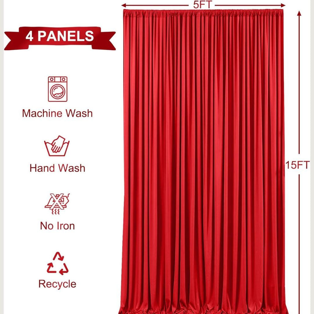 RED - 5Ft x 15 Ft Wrinkle Free Backdrop Curtains for Parties  - 4 Panels Silky Interlock Backdrop for Weddings Birthday Party Curtains