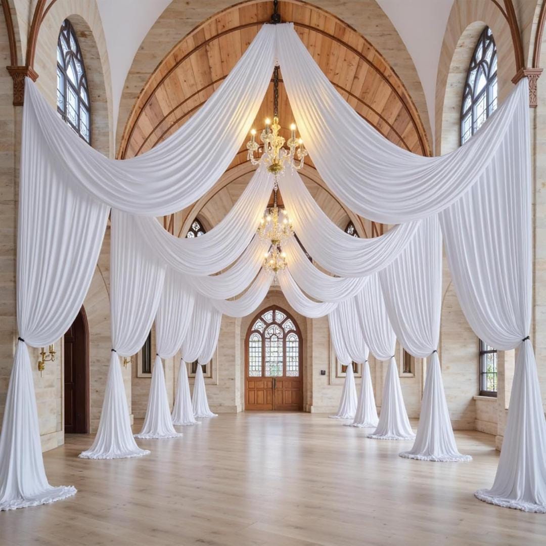 WHITE - 5' x 21 Ft Ceiling Drapes for Wedding Parties, Wrinkle Free Interlock Canopy Tent Draping Ceiling Curtains Arch Drapery for Events