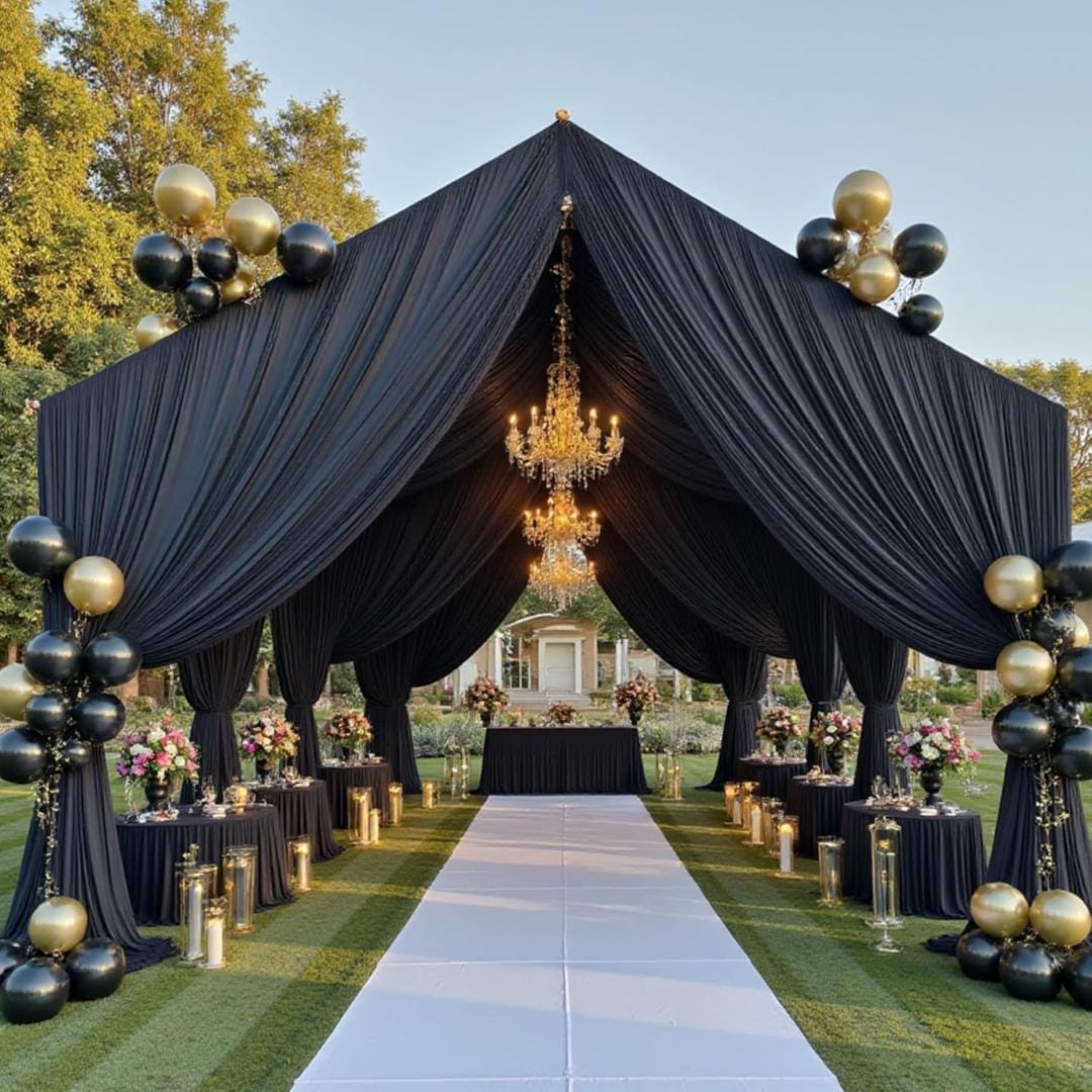 BLACK - 5' x 33 Ft Ceiling Drapes for Wedding Parties, Wrinkle Free Interlock Canopy Tent Draping Ceiling Curtains Arch Drapery for Events