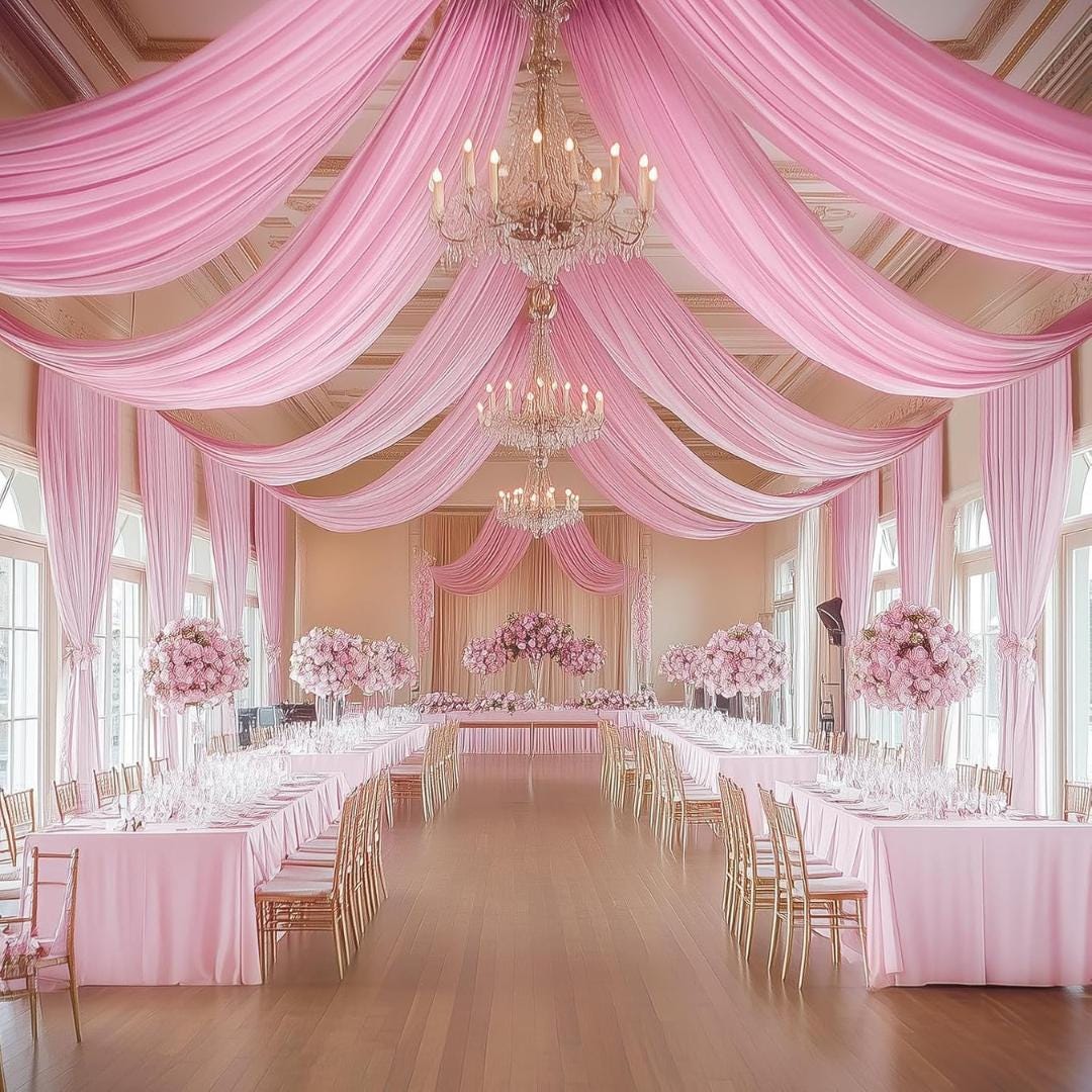 PINK - 5' x 33 Ft Ceiling Drapes for Wedding Parties, Wrinkle Free Interlock Canopy Tent Draping Ceiling Curtains Arch Drapery for Events