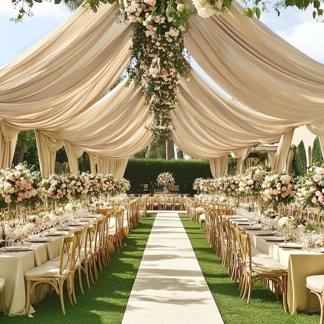BEIGE - 5' x 40 Ft Ceiling Drapes for Wedding Parties, Wrinkle Free Interlock Canopy Tent Draping Ceiling Curtains Arch Drapery for Events