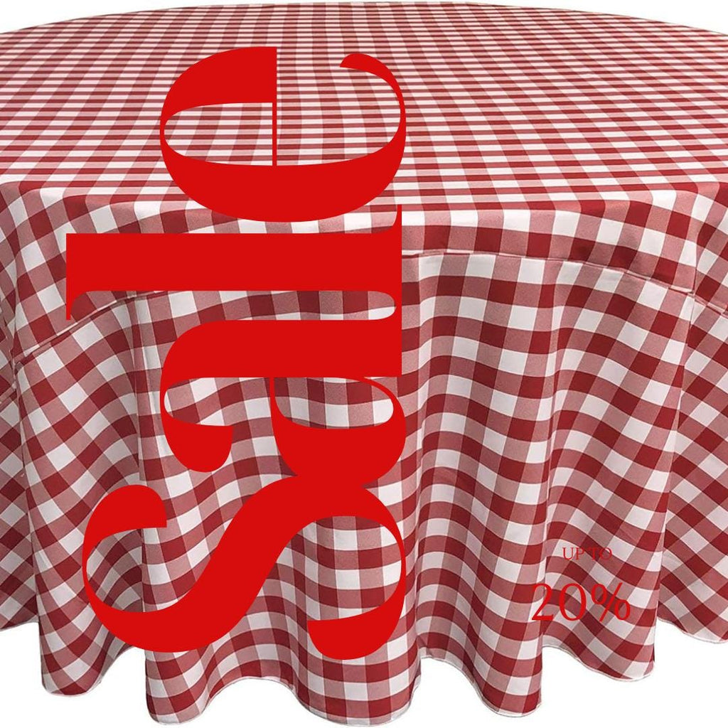 WHITE/RED - Polyester Gingham Checkered Tablecloth - Round Table Cover Overlay for Wedding Birthday Party Baby Bridal Shower. Choose Size