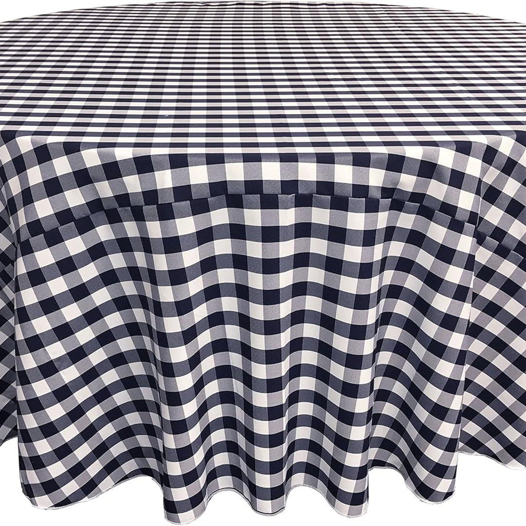 WHITE/NAVY - Polyester Gingham Checkered Tablecloth - Round Table Cover Overlay for Wedding Birthday Party Baby Bridal Shower. Choose Size