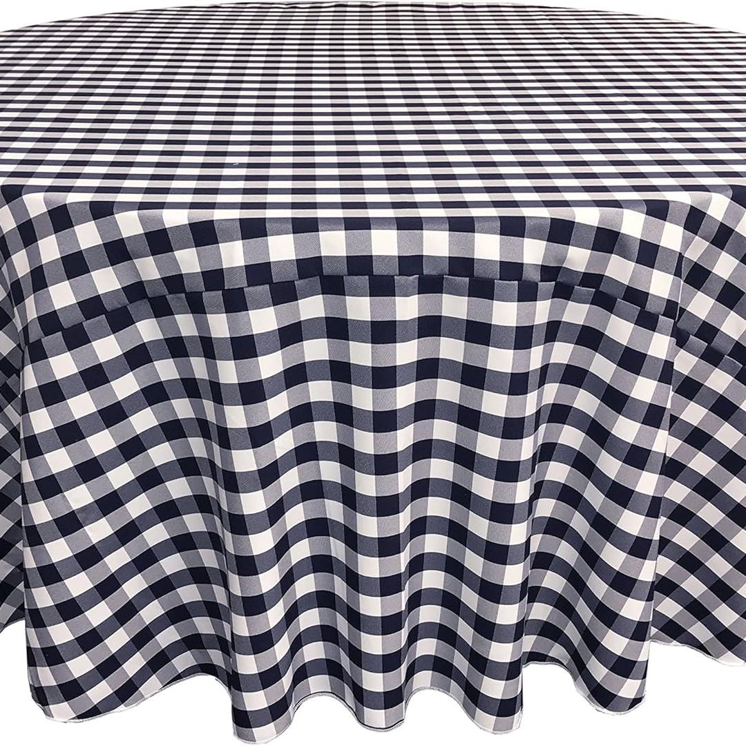 WHITE/NAVY - Polyester Gingham Checkered Tablecloth - Round Table Cover Overlay for Wedding Birthday Party Baby Bridal Shower. Choose Size