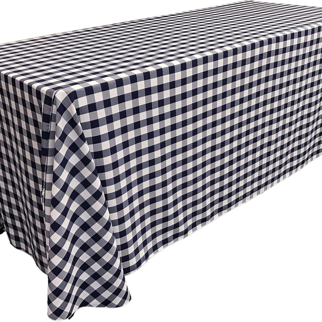 WHITE/NAVY - Polyester Gingham Checkered Rectangular - Table Cover Overlay for Wedding Birthday Party Baby Bridal Shower. Choose Size