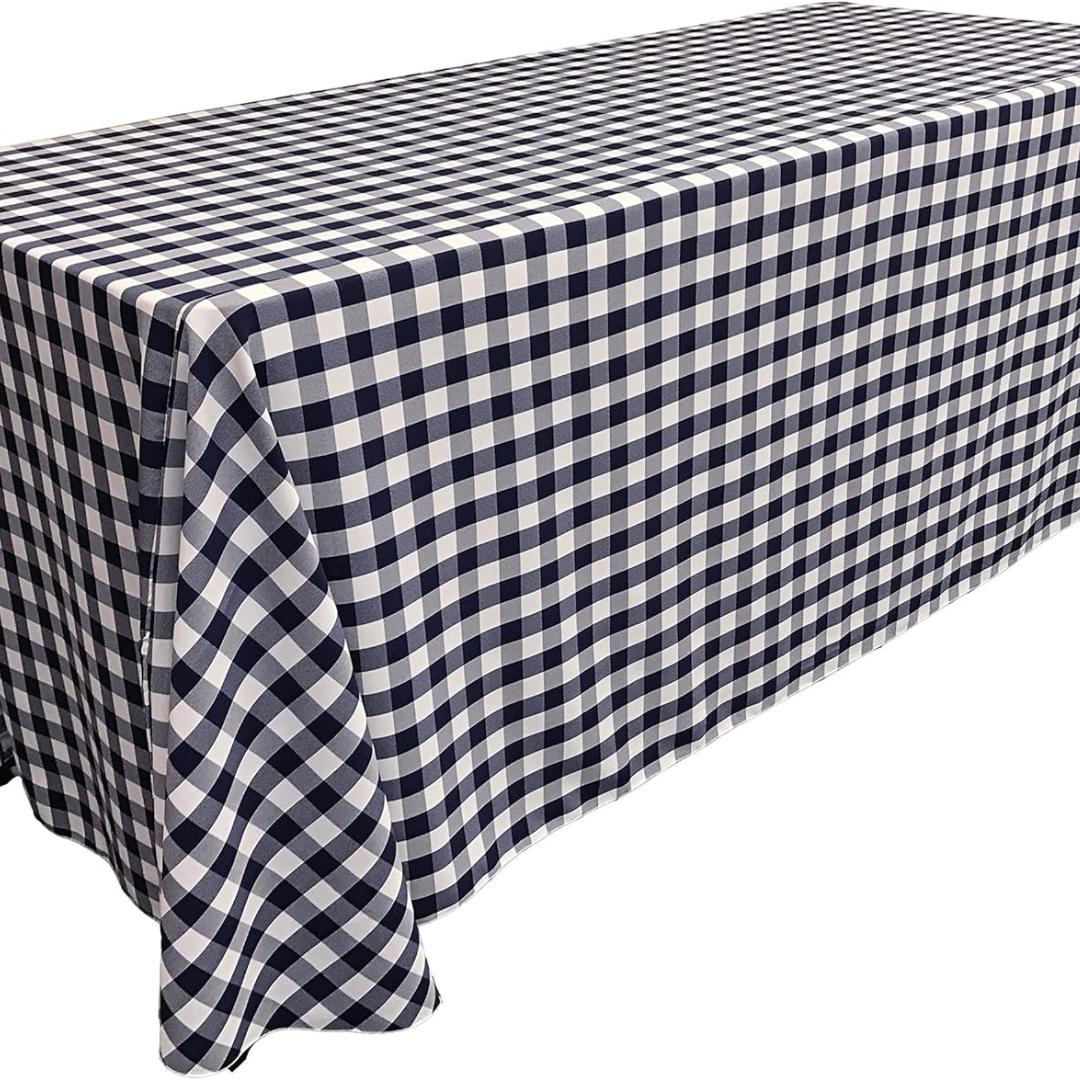 WHITE/NAVY - Polyester Gingham Checkered Rectangular - Table Cover Overlay for Wedding Birthday Party Baby Bridal Shower. Choose Size