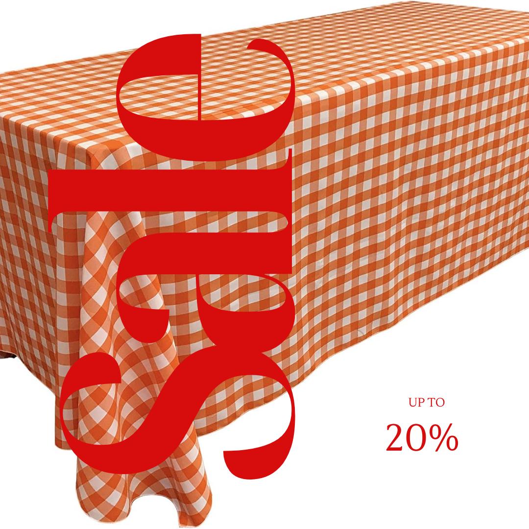 WHITE/ORANGE - Polyester Gingham Checkered Rectangular - Table Cover Overlay for Wedding Birthday Party Baby Bridal Shower. Choose Size