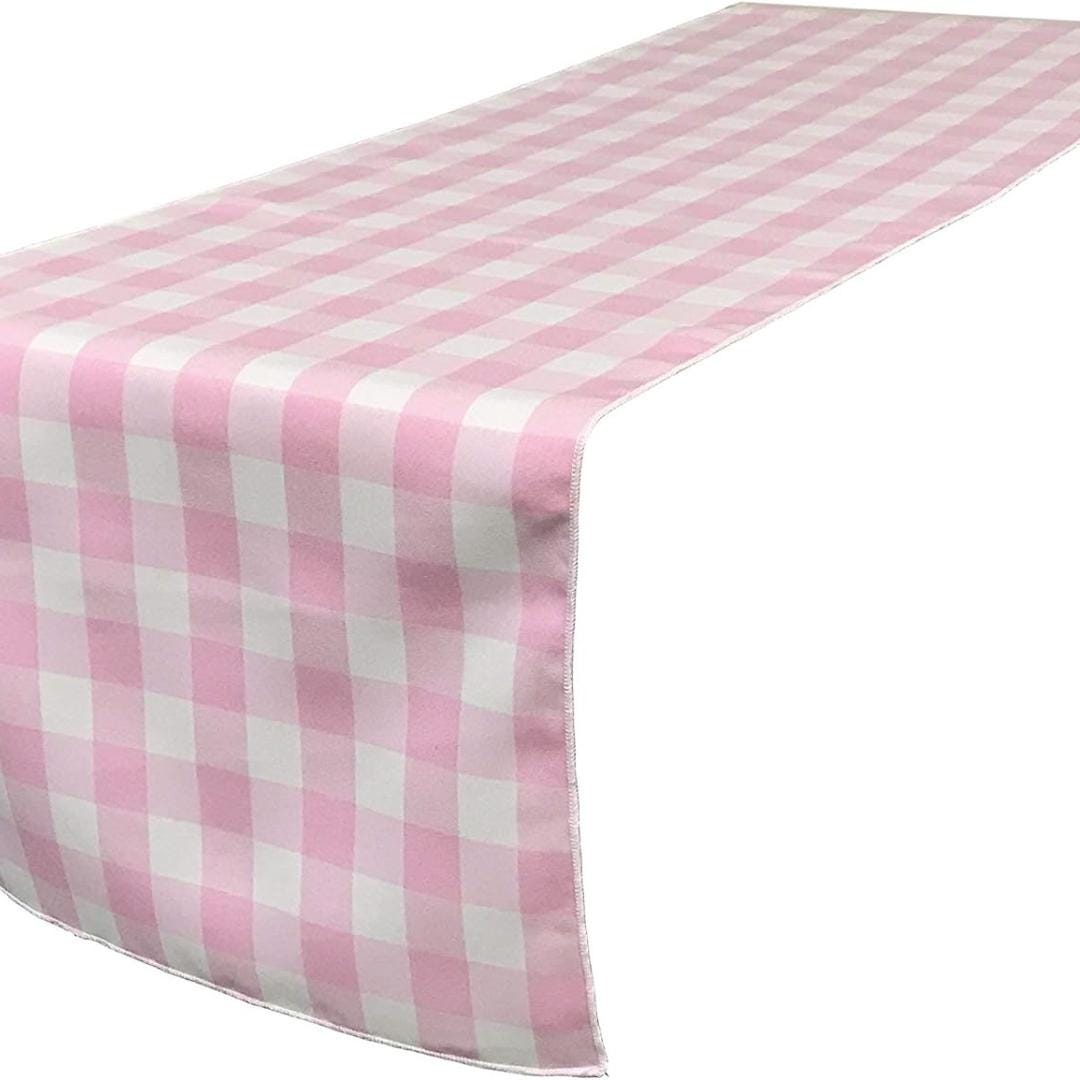 14" Wide Polyester Poplin Gingham, Checkered, Plaid Table Runner (White & Light Pink, 14" Wide x 90" Long) for Party Sweetest Day Wedding