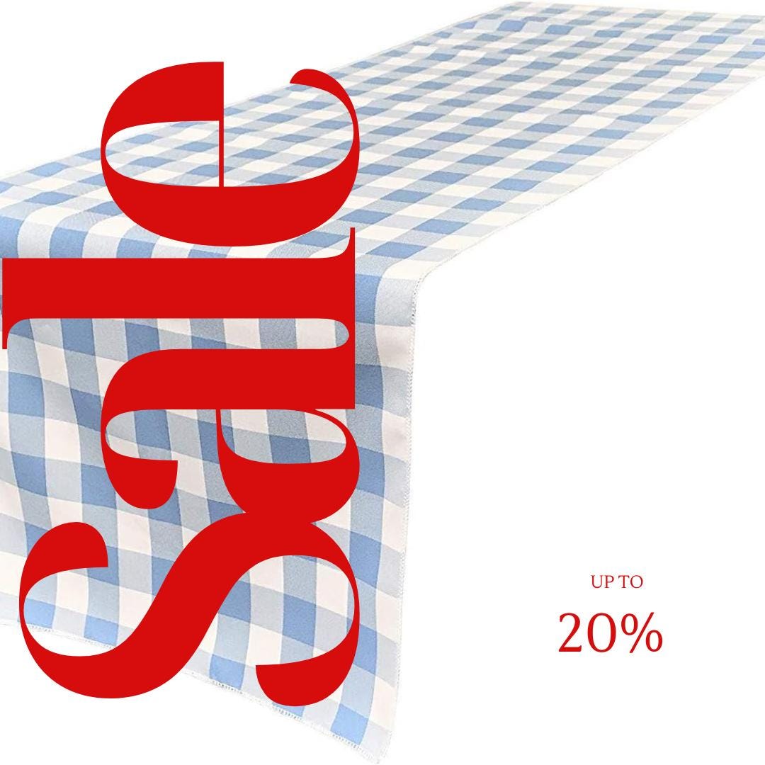 14" Wide Polyester Poplin Gingham, Checkered, Plaid Table Runner (White & Light Blue, 14" Wide x 90" Long) for Party Sweetest Day Wedding