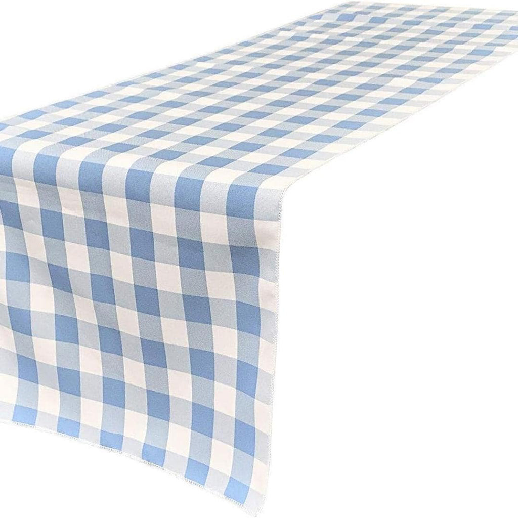14" Wide Polyester Poplin Gingham, Checkered, Plaid Table Runner (White & Light Blue, 14" Wide x 90" Long) for Party Sweetest Day Wedding