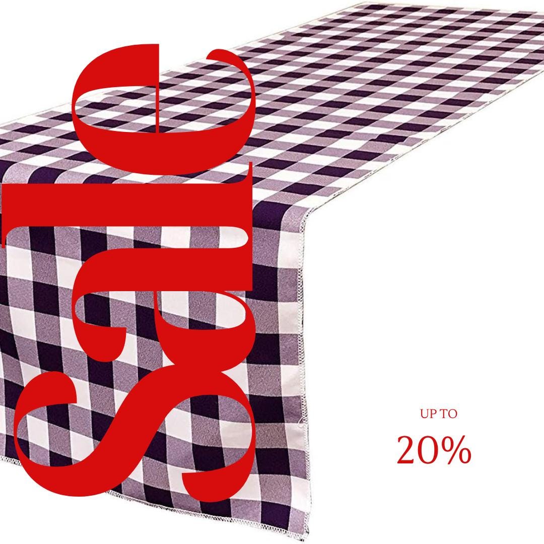 14" Wide Polyester Poplin Gingham, Checkered, Plaid Table Runner (White & Purple , 14" Wide x 90" Long) for Party Sweetest Day Wedding
