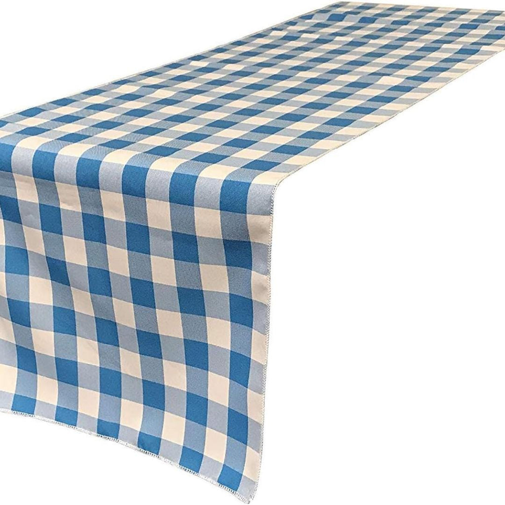 14" Wide Polyester Poplin Gingham, Checkered, Plaid Table Runner (White & Turquoise , 14" Wide x 90" Long) for Party Sweetest Day Wedding