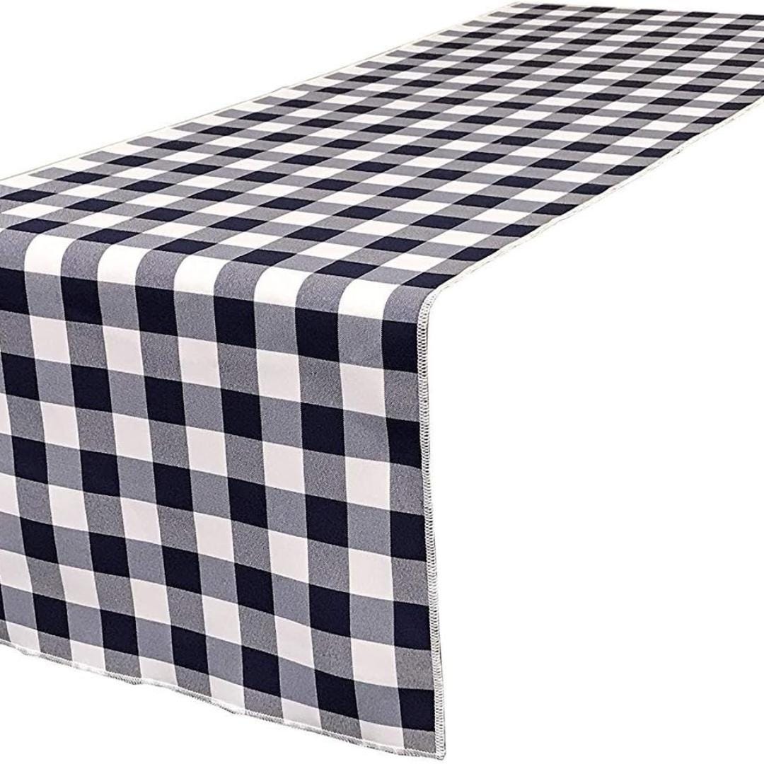 14" Wide Polyester Poplin Gingham, Checkered, Plaid Table Runner (White & Navy , 14" Wide x 90" Long) for Party Sweetest Day Wedding