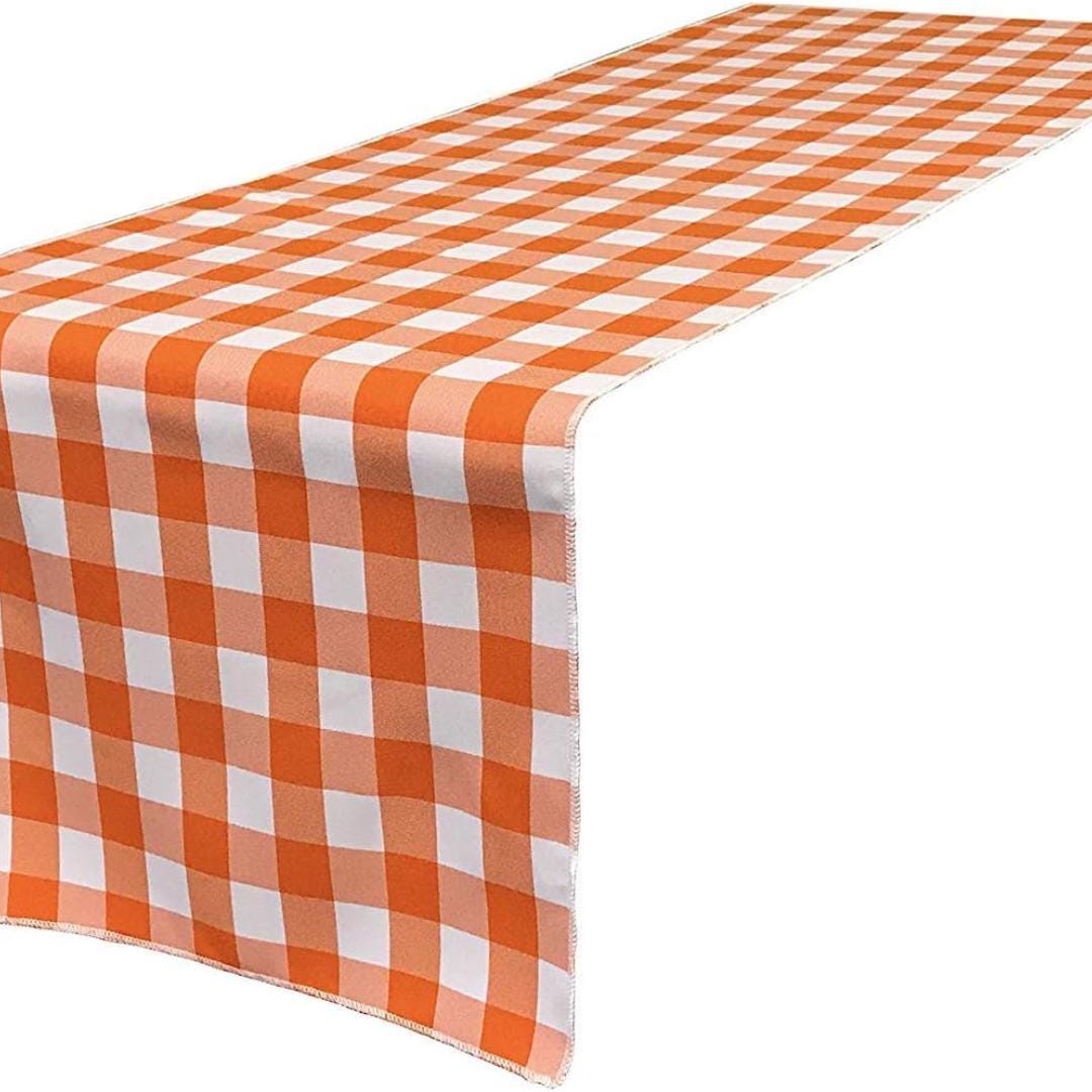 14" Wide Polyester Poplin Gingham, Checkered, Plaid Table Runner (White & Orange , 14" Wide x 90" Long) for Party Sweetest Day Wedding