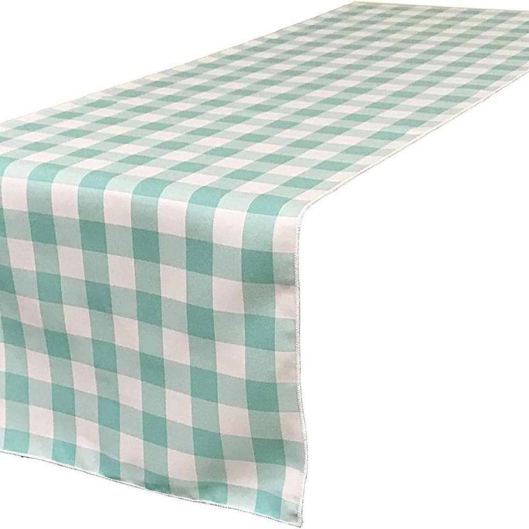 14" Wide Polyester Poplin Gingham, Checkered, Plaid Table Runner (White & Aqua , 14" Wide x 90" Long) for Party Sweetest Day Wedding