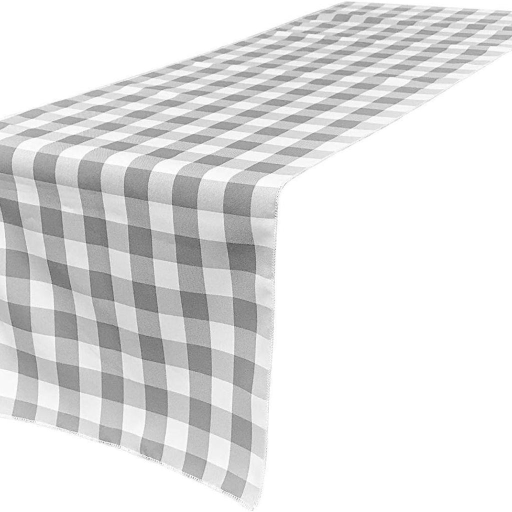 14" Wide Polyester Poplin Gingham, Checkered, Plaid Table Runner (White & Silver , 14" Wide x 90" Long) for Party Sweetest Day Wedding