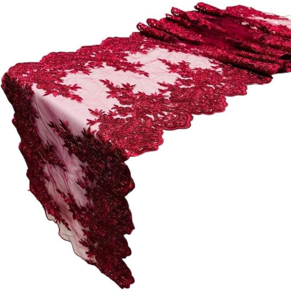BURGUNDY - 14" Wide X 90" Long Sequins Metallic Embroidered Lace on Mesh Fabric, Trim Lace, Table Runner