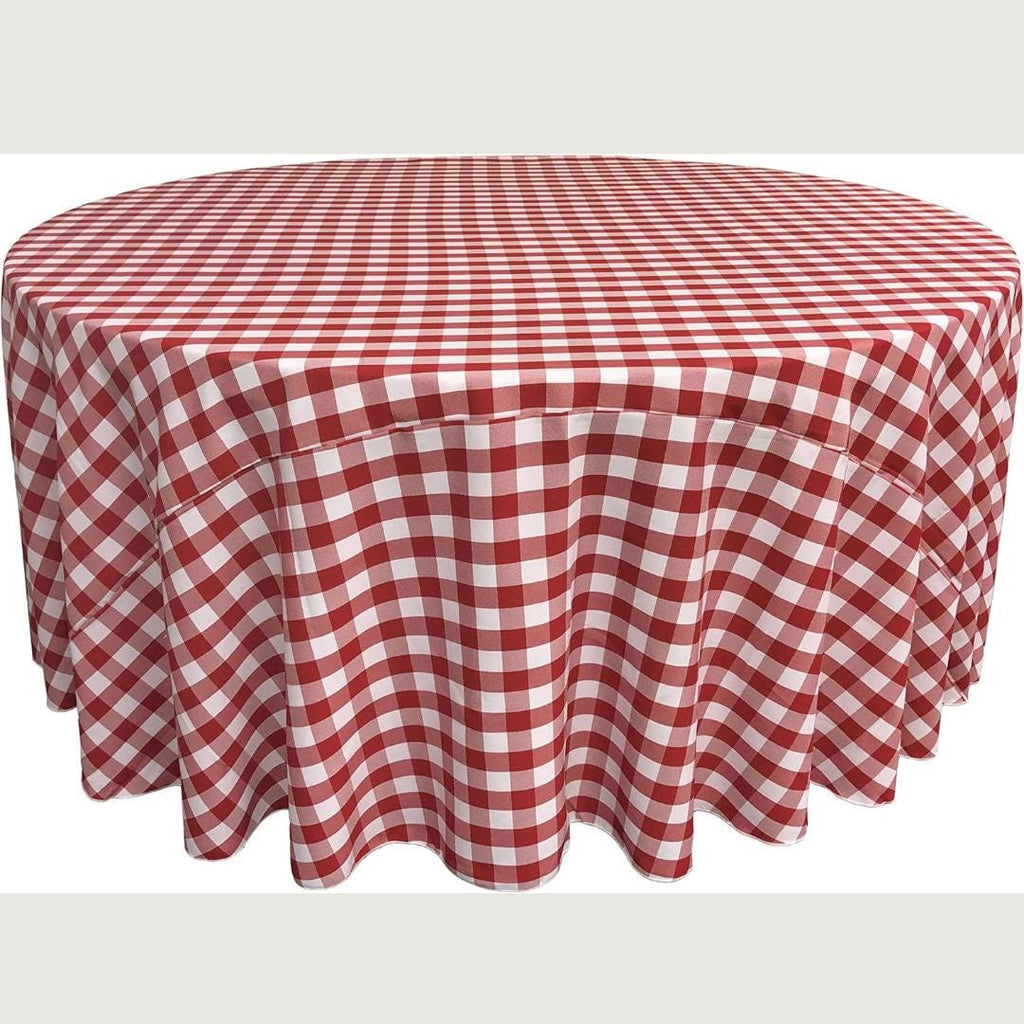 WHITE/RED - Polyester Gingham Checkered Tablecloth - Round Table Cover Overlay for Wedding Birthday Party Baby Bridal Shower. Choose Size