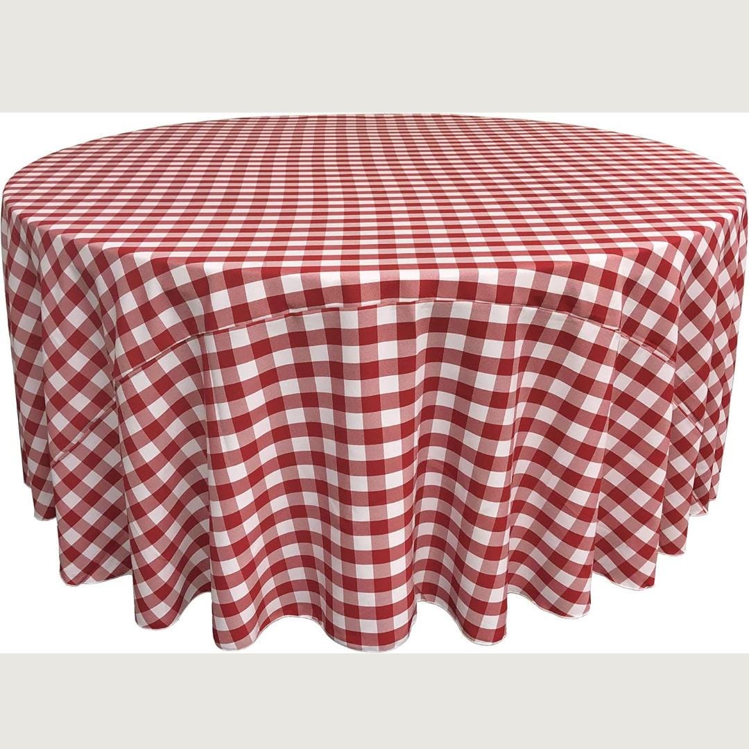 WHITE/RED - Polyester Gingham Checkered Tablecloth - Round Table Cover Overlay for Wedding Birthday Party Baby Bridal Shower. Choose Size