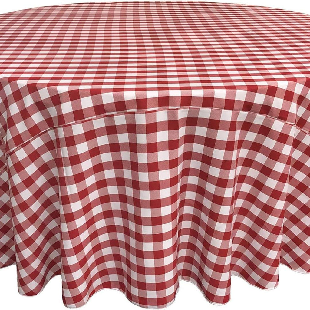 WHITE/RED - Polyester Gingham Checkered Tablecloth - Round Table Cover Overlay for Wedding Birthday Party Baby Bridal Shower. Choose Size