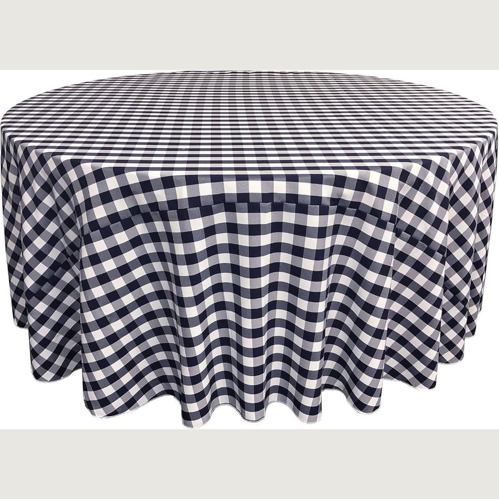 WHITE/NAVY - Polyester Gingham Checkered Tablecloth - Round Table Cover Overlay for Wedding Birthday Party Baby Bridal Shower. Choose Size