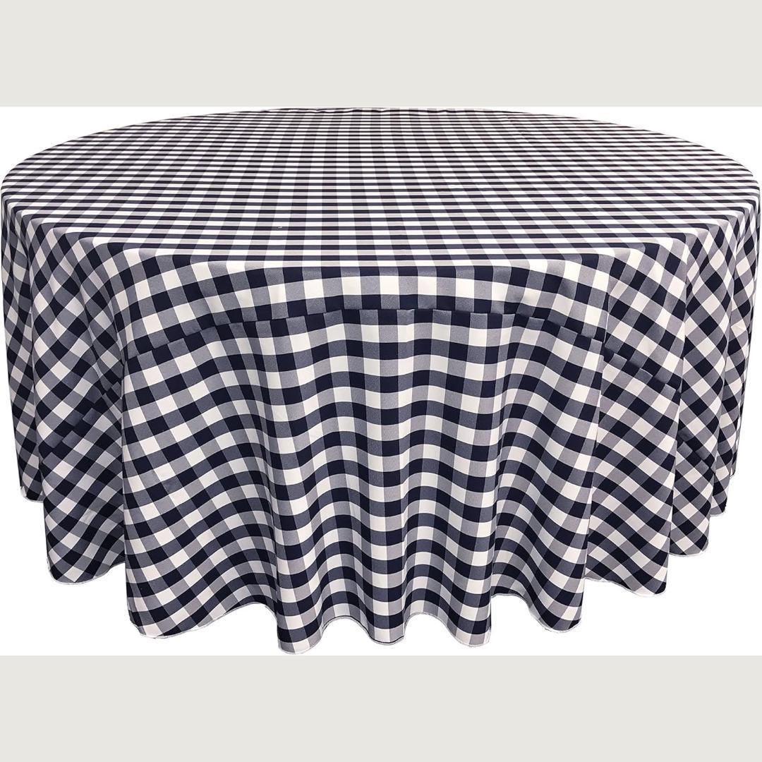 WHITE/NAVY - Polyester Gingham Checkered Tablecloth - Round Table Cover Overlay for Wedding Birthday Party Baby Bridal Shower. Choose Size