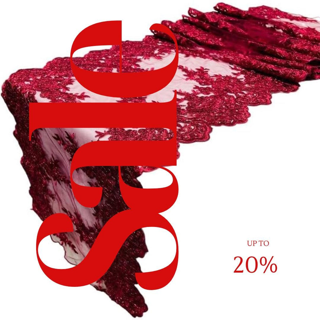 BURGUNDY - 14" Wide X 90" Long Sequins Metallic Embroidered Lace on Mesh Fabric, Trim Lace, Table Runner