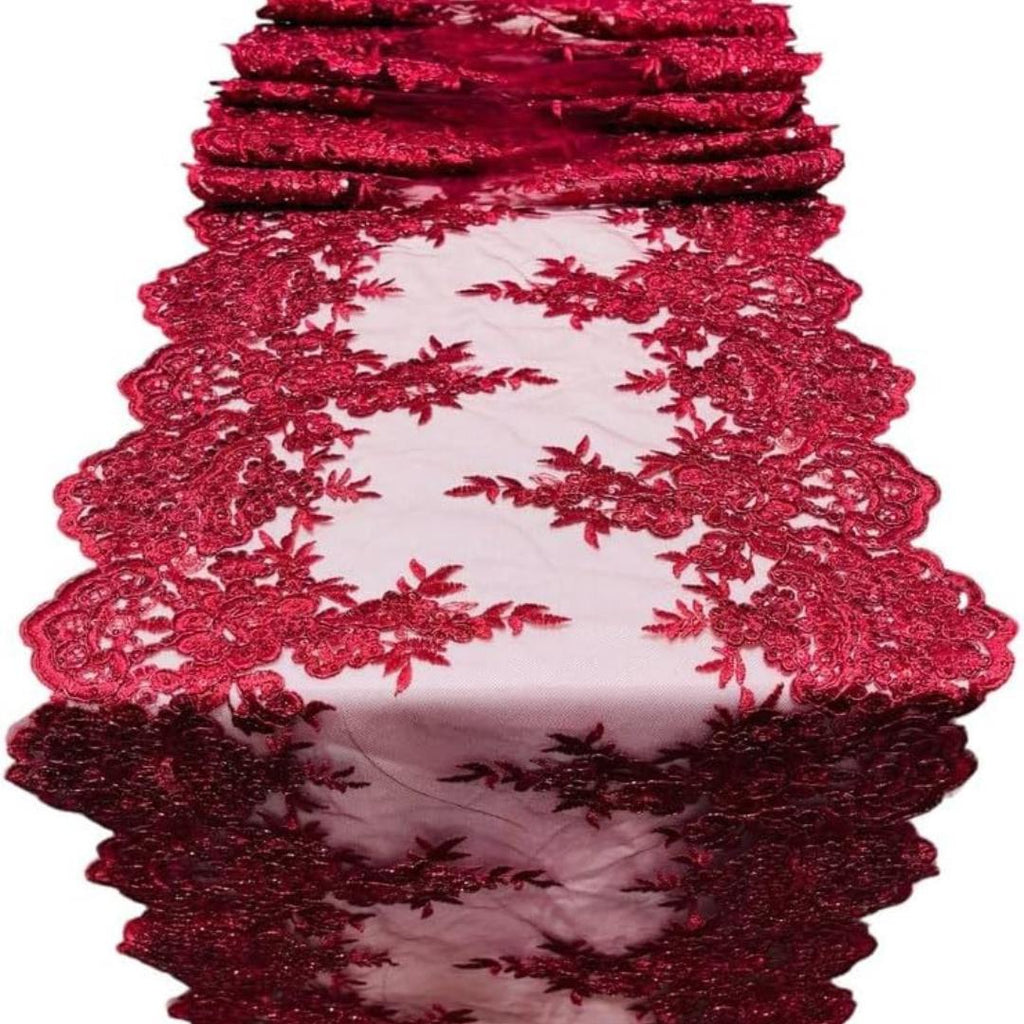 BURGUNDY - 14" Wide X 90" Long Sequins Metallic Embroidered Lace on Mesh Fabric, Trim Lace, Table Runner