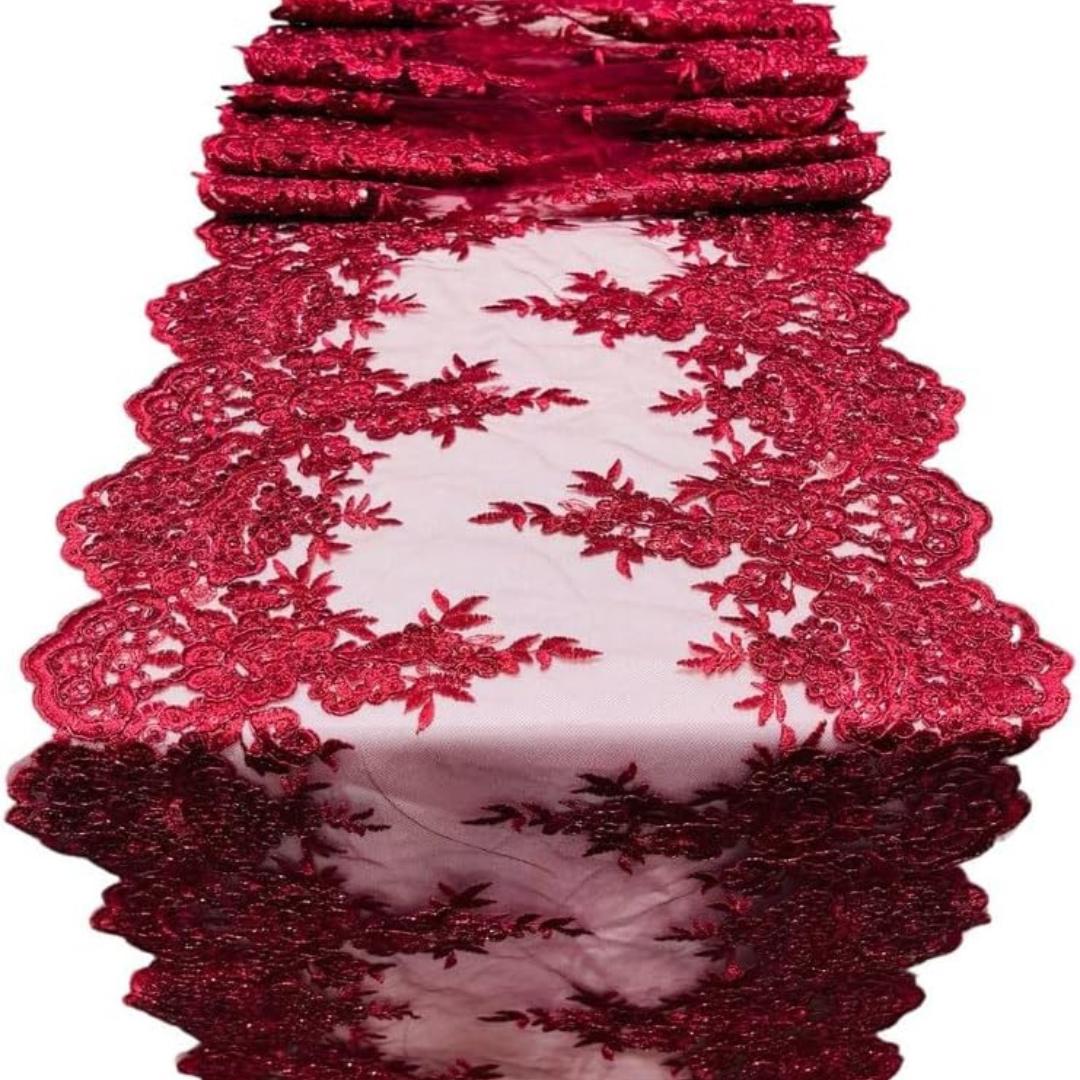 BURGUNDY - 14" Wide X 90" Long Sequins Metallic Embroidered Lace on Mesh Fabric, Trim Lace, Table Runner