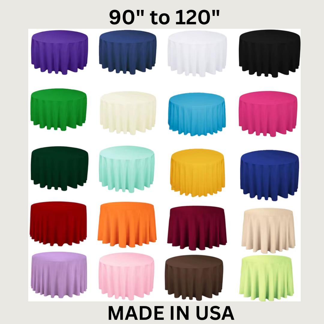 90" to 120" Polyester Round Poplin Washable Tablecloth - Table Cover Fabric Cloth for Dinning, Kitchen, Party, Holiday. Choose Size & Color